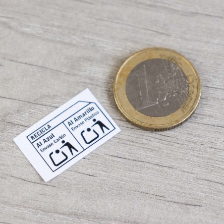 Etiquetas adhesivas blancas papel 23x15 mm envases "recicla al amarillo + azul ",ecoembes - 600 uds