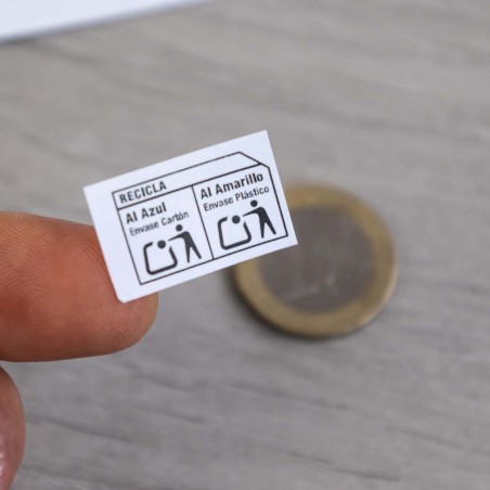 Etiquetas adhesivas blancas papel 23x15 mm envases "recicla al amarillo + azul ",ecoembes - 600 uds