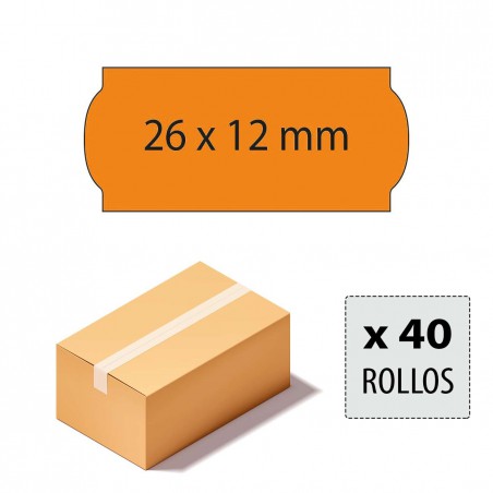 Etiquetas 26x12 naranja fluor, adhesivo permanente.