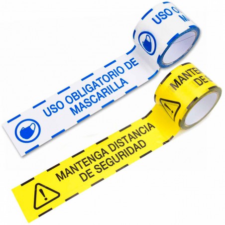 Pack 4 rollos Cinta para suelo "distancia de seguridad" y "uso mascarillas" PVC 72 mm x 50 mts