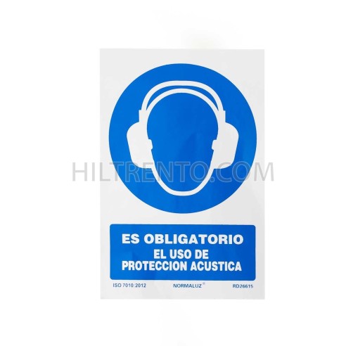 Cartel adhesivo Obligación protección acústica ISO 7010:2012 10x15 cm