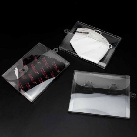 Caja plástico transparente porta mascarillas con colgador 15x12x1 cm