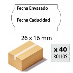 Caja etiquetas 26x16 Alimentarias, Fecha envasado, Fecha caducidad, blancas adhesivo permanente