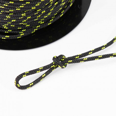 Cuerda trenzada poliéster 3 mm, fantasía negro-amarillo, cordón para pulseras, manualidades, exterior - 100 metros