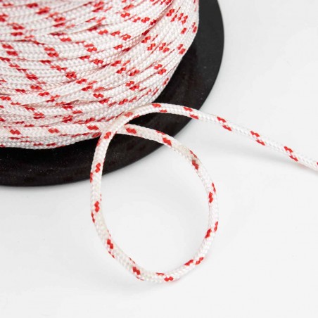 Cuerda trenzada poliéster 3 mm, fantasía blanco-rojo, cordón para pulseras, manualidades, exterior - 100 metros